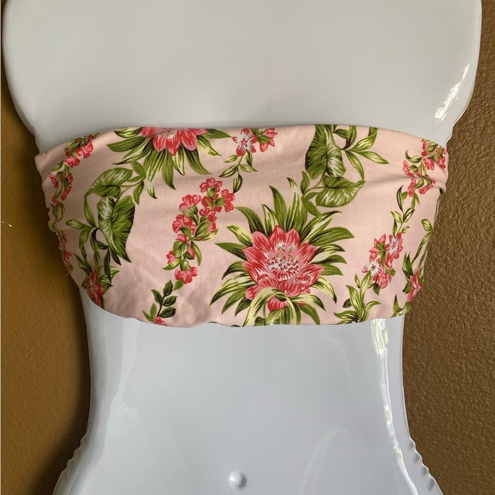 Floral Bandeau Tube Top in Pink with Green Accent